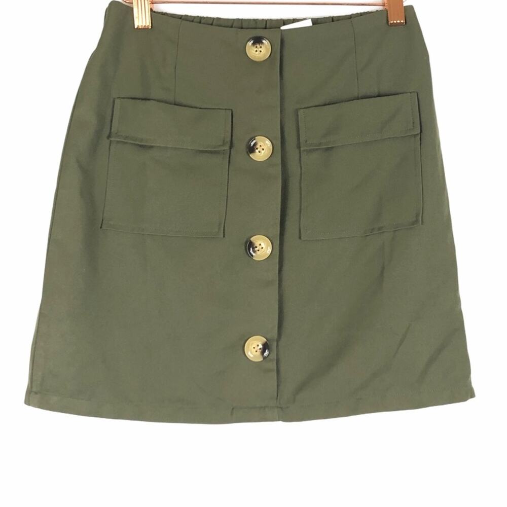 LUMIERE Olive Green Mini Skirt Buttons Pockets Small Summer Modern